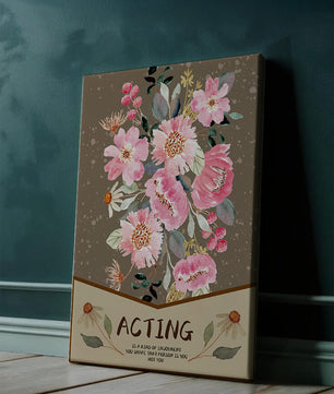 Ilustración acuarela floral con texto motivacional sobre un fondo marrón punteado