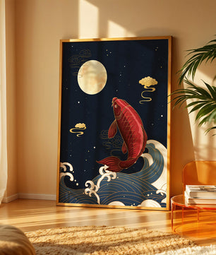 Ilustración artística de peces koi saltando sobre las olas bajo la luz de la luna
