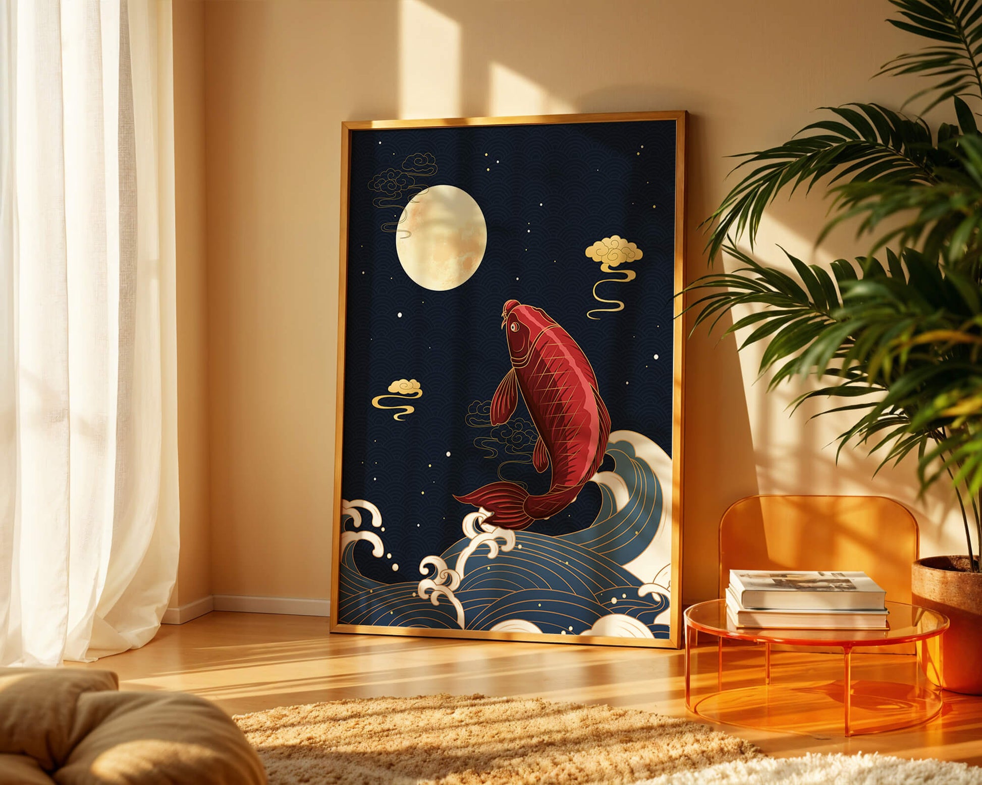 Artistic illustration of koi fish jumping over waves under moonlight