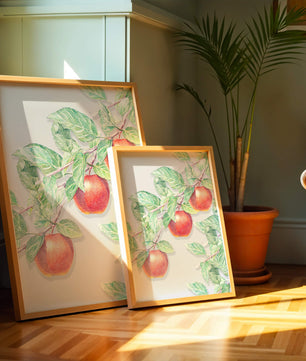 Ilustración de manzanas en la rama de un árbol con hojas verdes