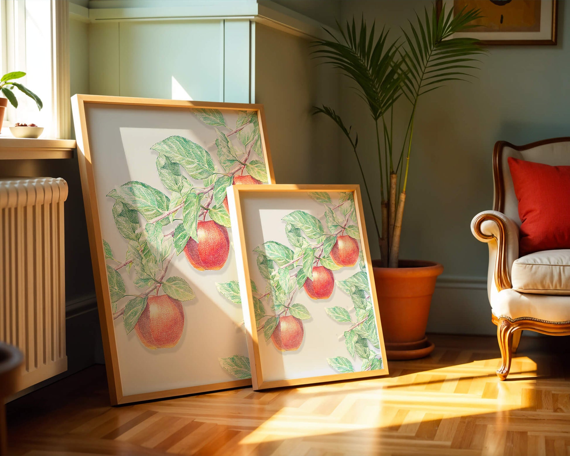 Illustration of Apples on a Tree Branch with Green Leaves