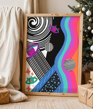 Colorful abstract art with geometric patterns and vibrant shapes