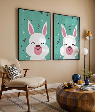 Adorable cartoon bunny on teal background with playful elements