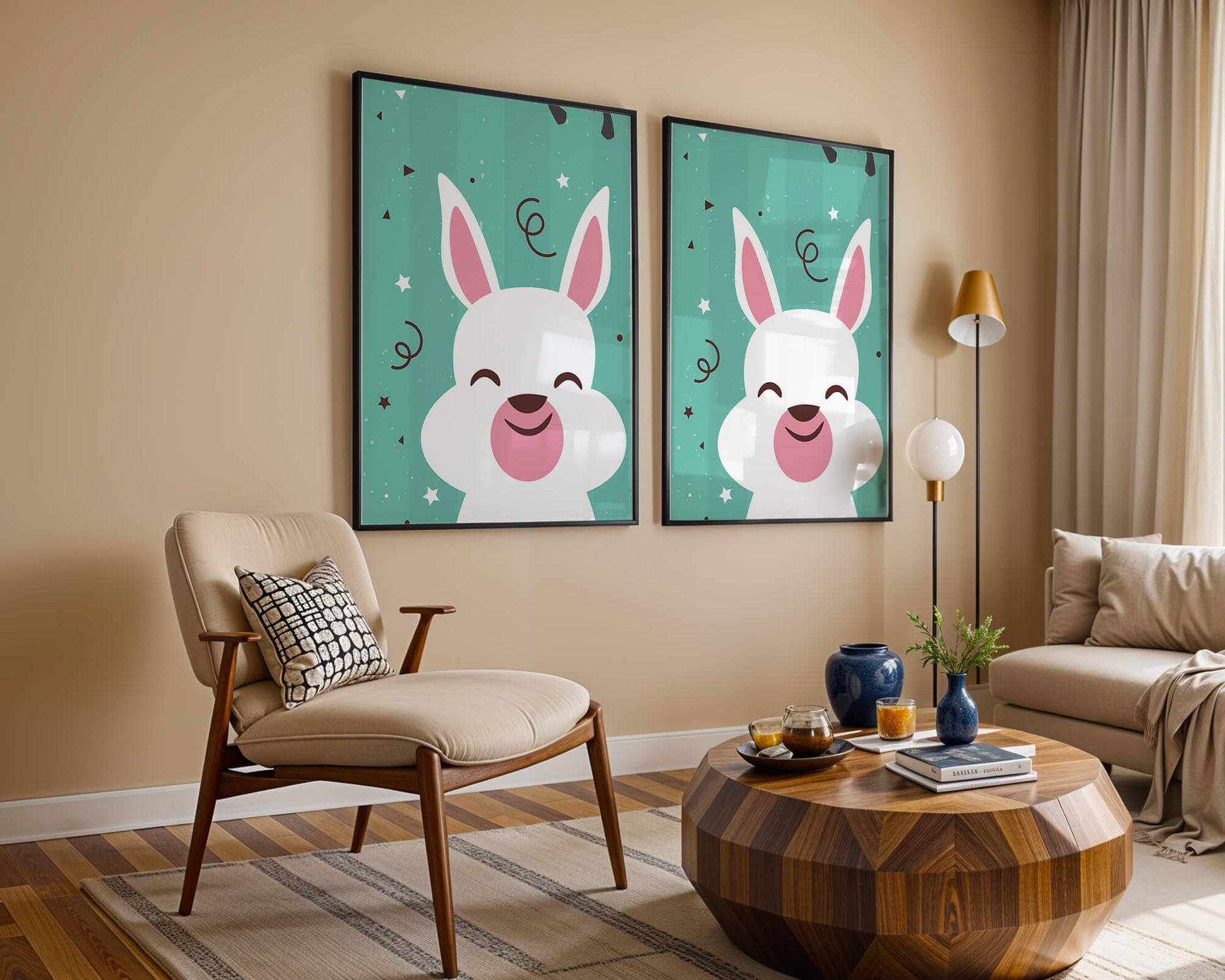 Adorable cartoon bunny on teal background with playful elements