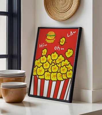Playful illustration of popcorn and burger characters on a red background