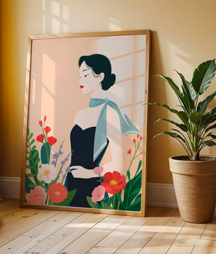 Elegant Woman with Floral Background and Scarf