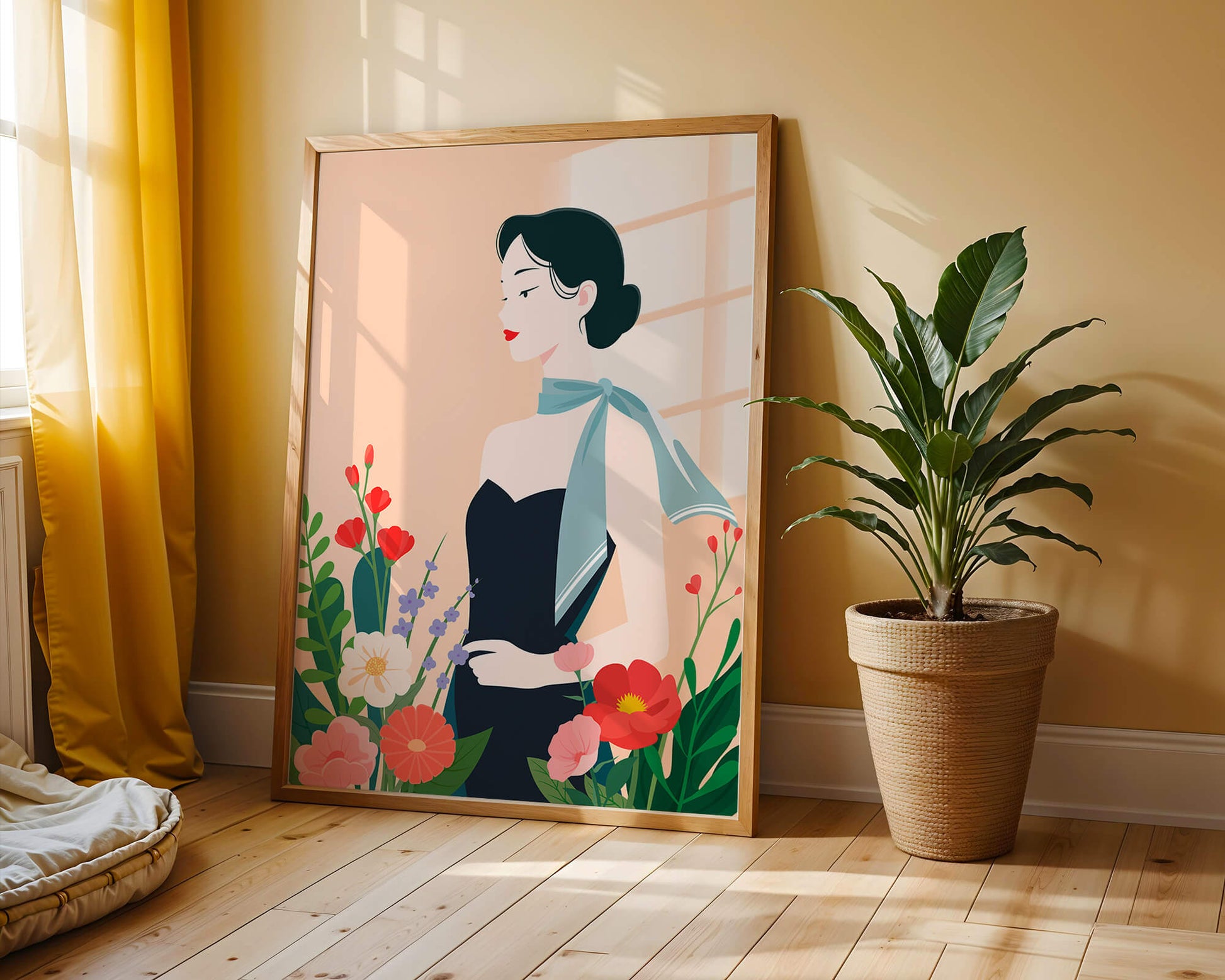 Mujer elegante con fondo floral y bufanda