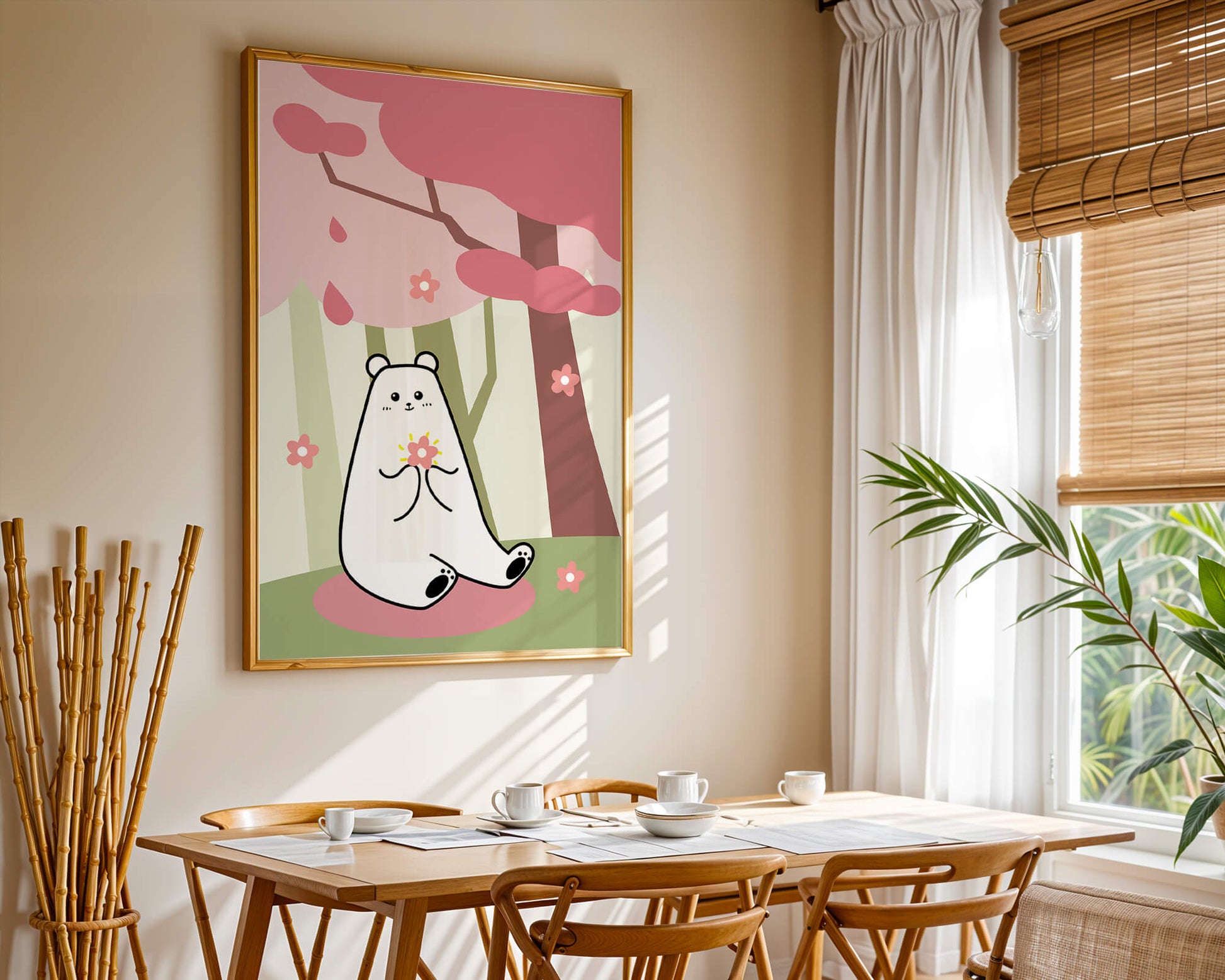 Charming bear holding flower under cherry blossom tree