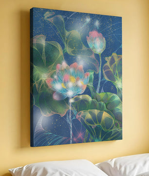 Bunte Lotusblumen mit abstraktem kosmischen Hintergrund