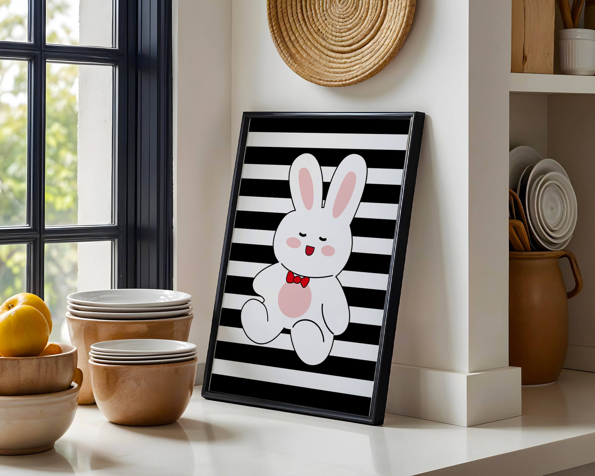 Adorable cartoon bunny with bold stripes and a red bow tie