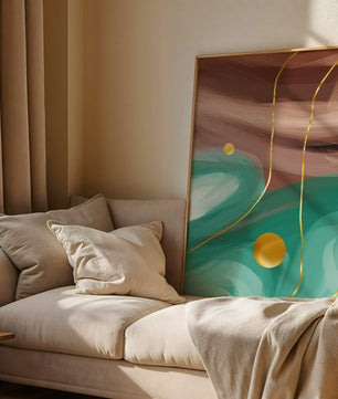 Composición abstracta con elementos dorados sobre fondo turquesa y marrón