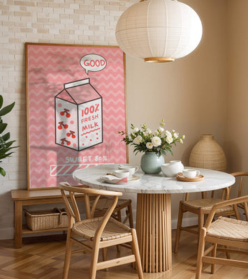 Playful illustration of milk carton with cherry design on pink background