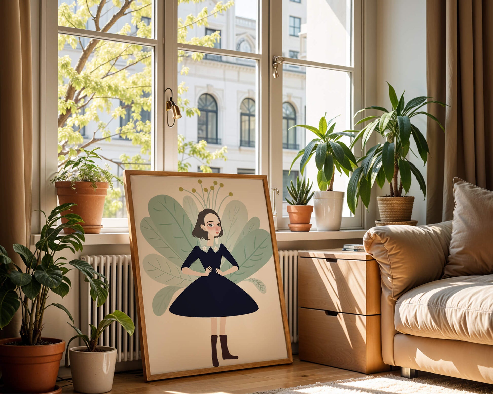 Illustration of a whimsical girl with leaves and floral elements