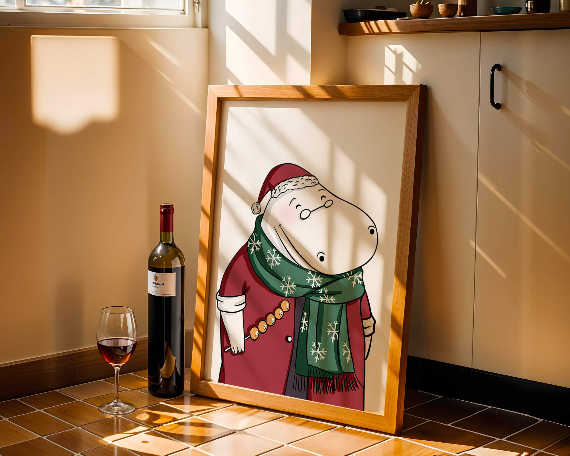 Festive hippo in a red outfit with a green snowflake scarf