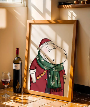 Festive hippo in a red outfit with a green snowflake scarf