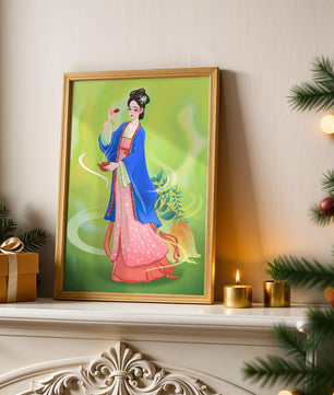 Diseño elegante de mujer en vestimenta tradicional del Este Asiático