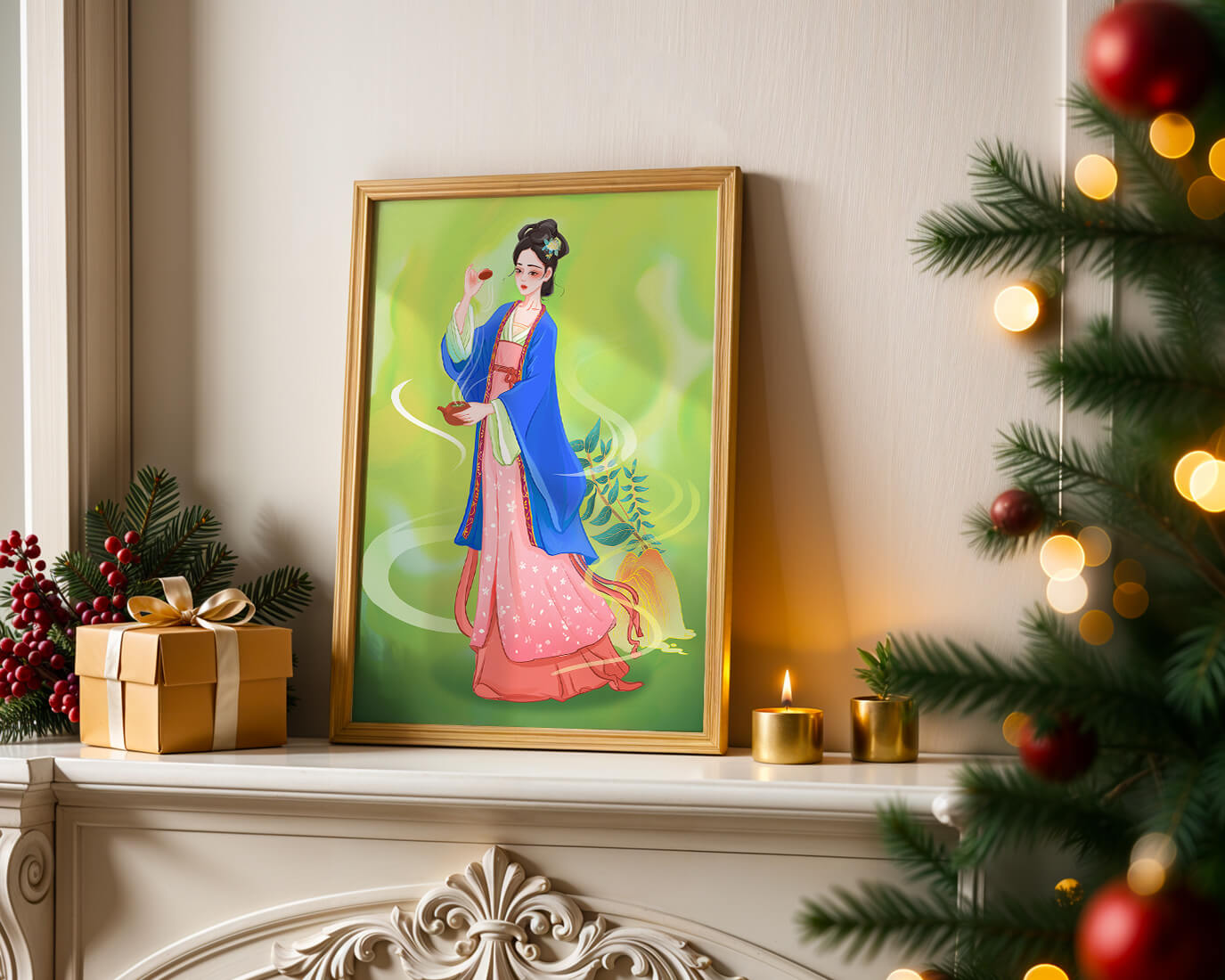 Diseño elegante de mujer en vestimenta tradicional del Este Asiático