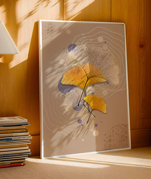 Elegante Blätter des Ginkgo mit abstrakten wellenförmigen und kreisförmigen Elementen
