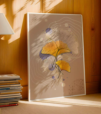 Elegant ginkgo leaves with abstract wavy and circular elements