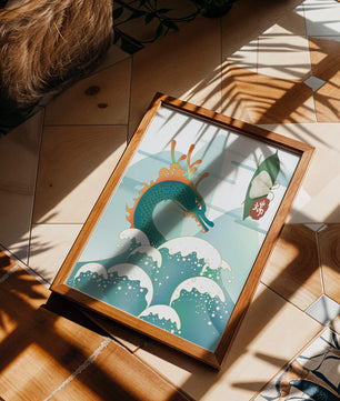 Illustration d’un dragon avec des vagues et des éléments traditionnels chinois