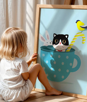 Playful illustration of cat, rabbit, and bird in a teacup