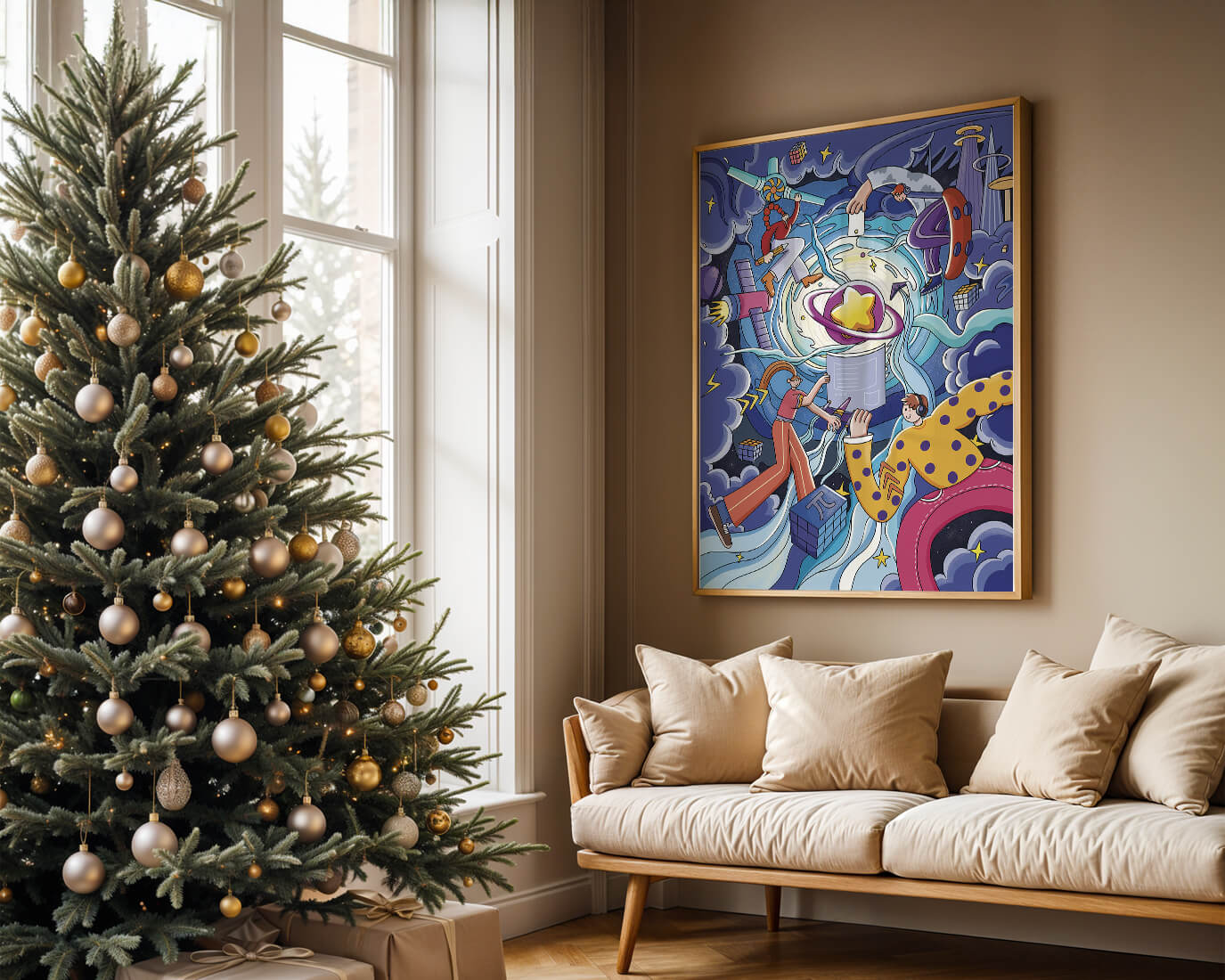 Colorful Cosmic Exploration with Animated Characters and Geometric Shapes