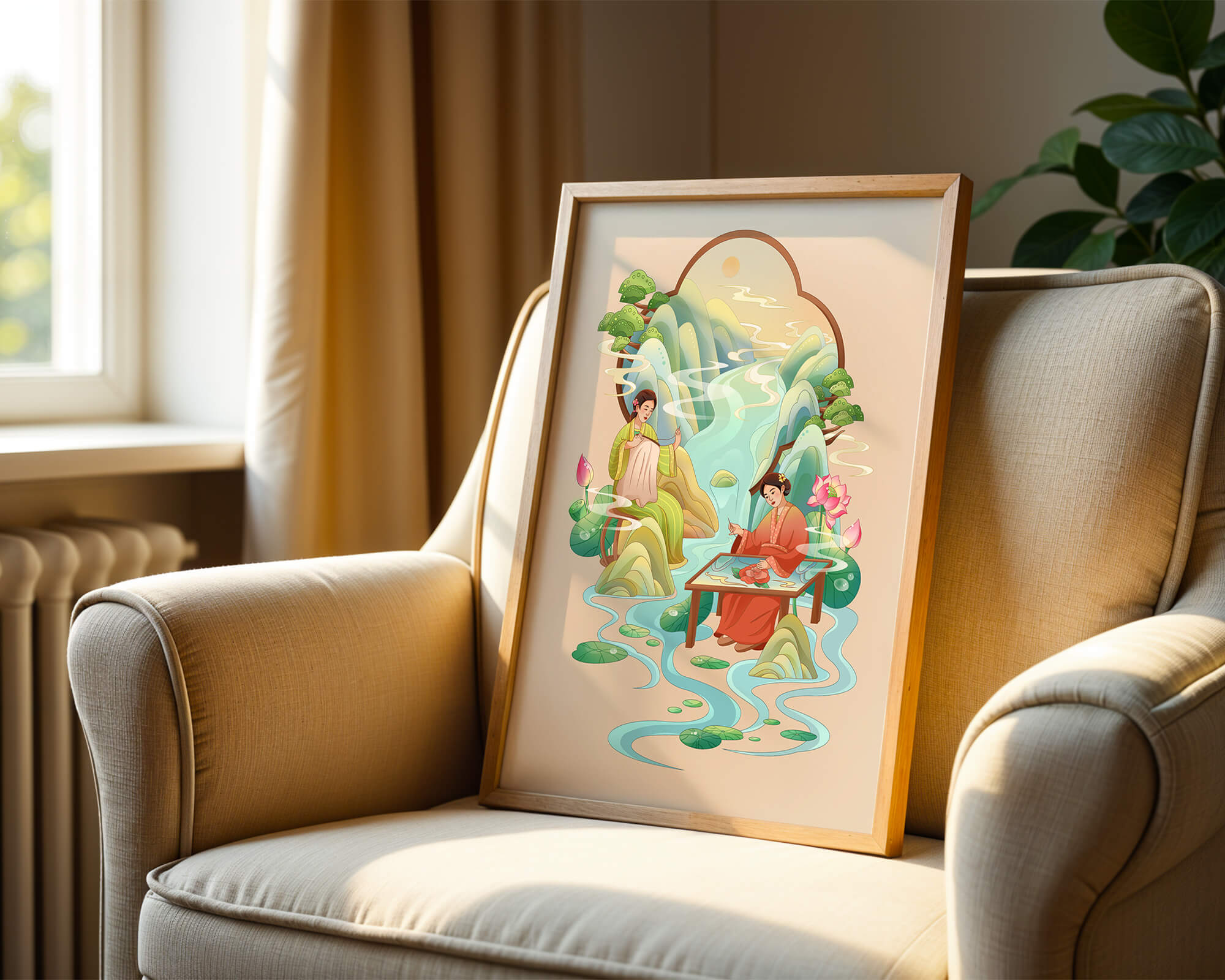 Serene water and nature scene with people in traditional attire