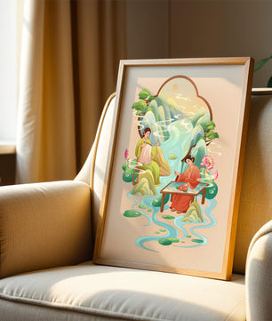 Scène d'eau sereine et de nature avec des personnes en tenue traditionnelle