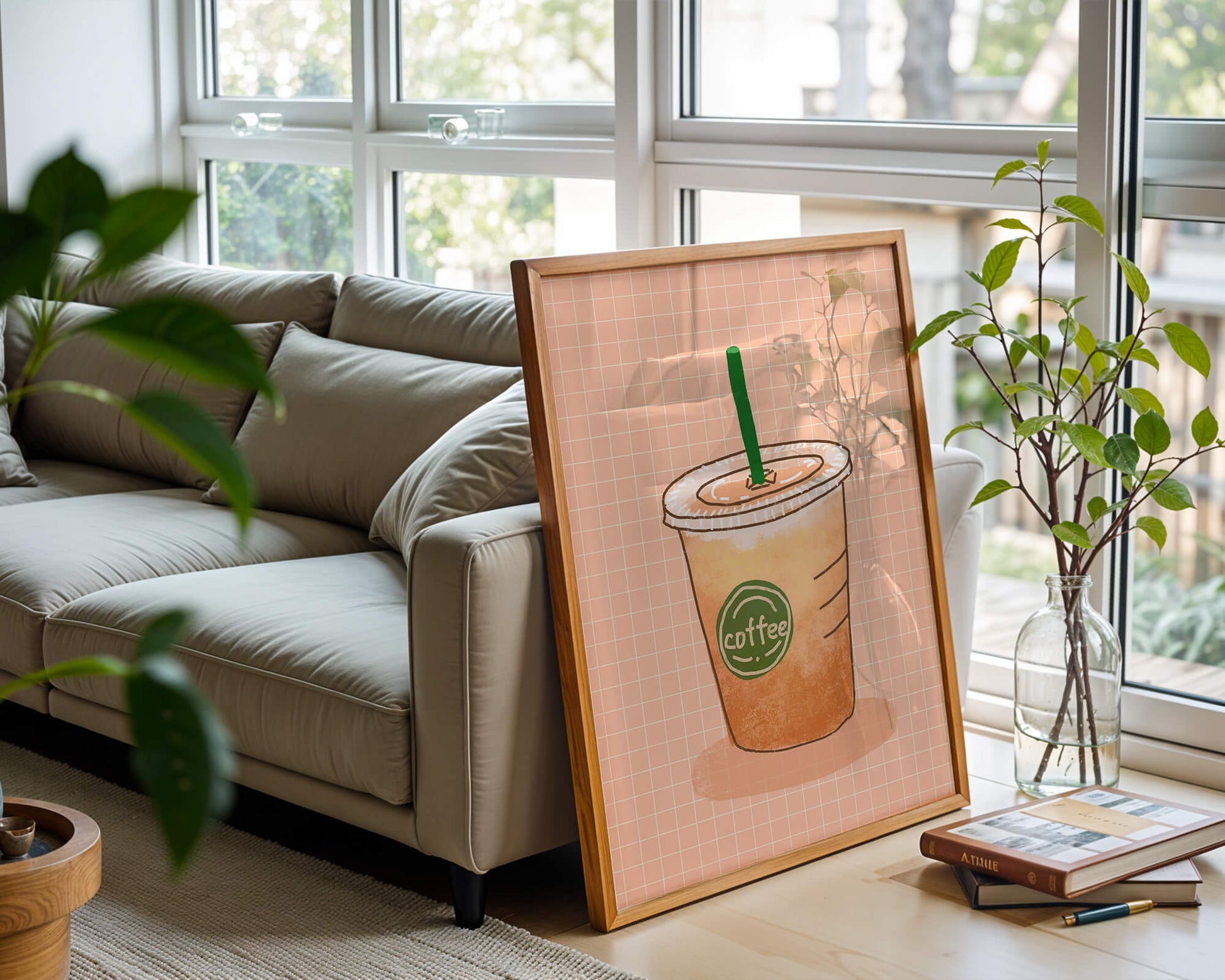 Illustrated iced coffee cup on peach grid background