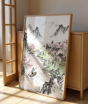 Idyllic Village Scene with Cherry Blossoms and a River