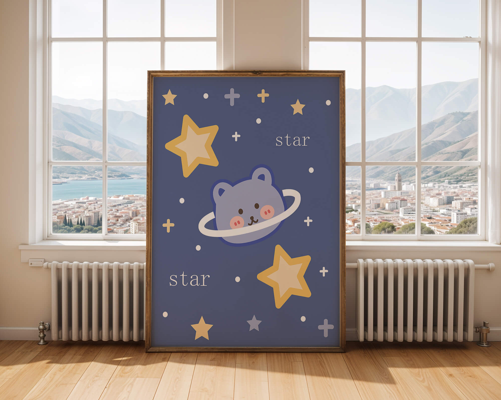 Adorable cartoon bear with stars on a blue background