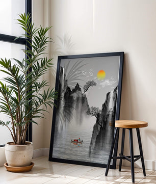Paisaje sereno con montañas, río y un bote bajo el sol
