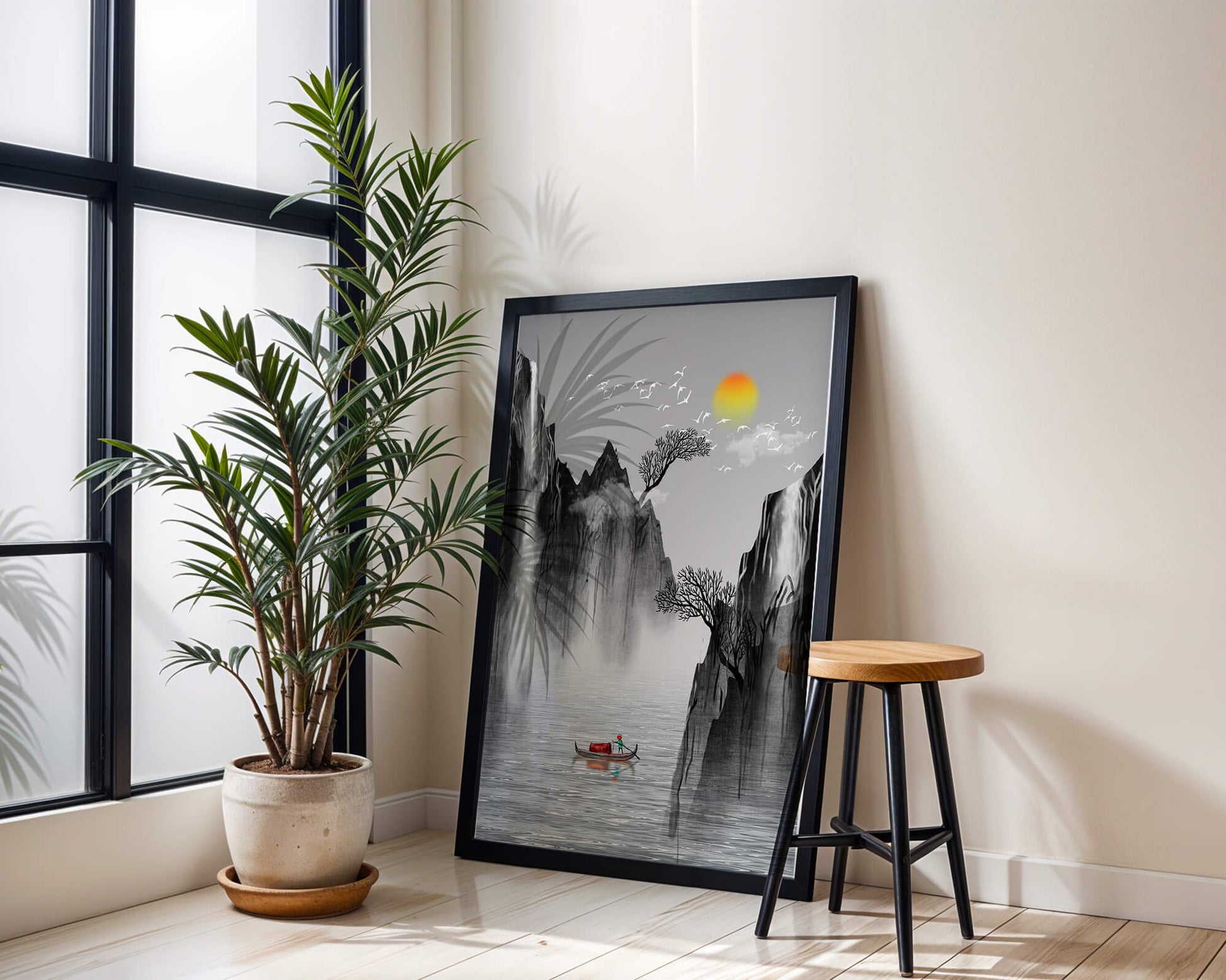 Serene landscape with mountains, river, and a boat under the sun