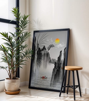 Serene landscape with mountains, river, and a boat under the sun
