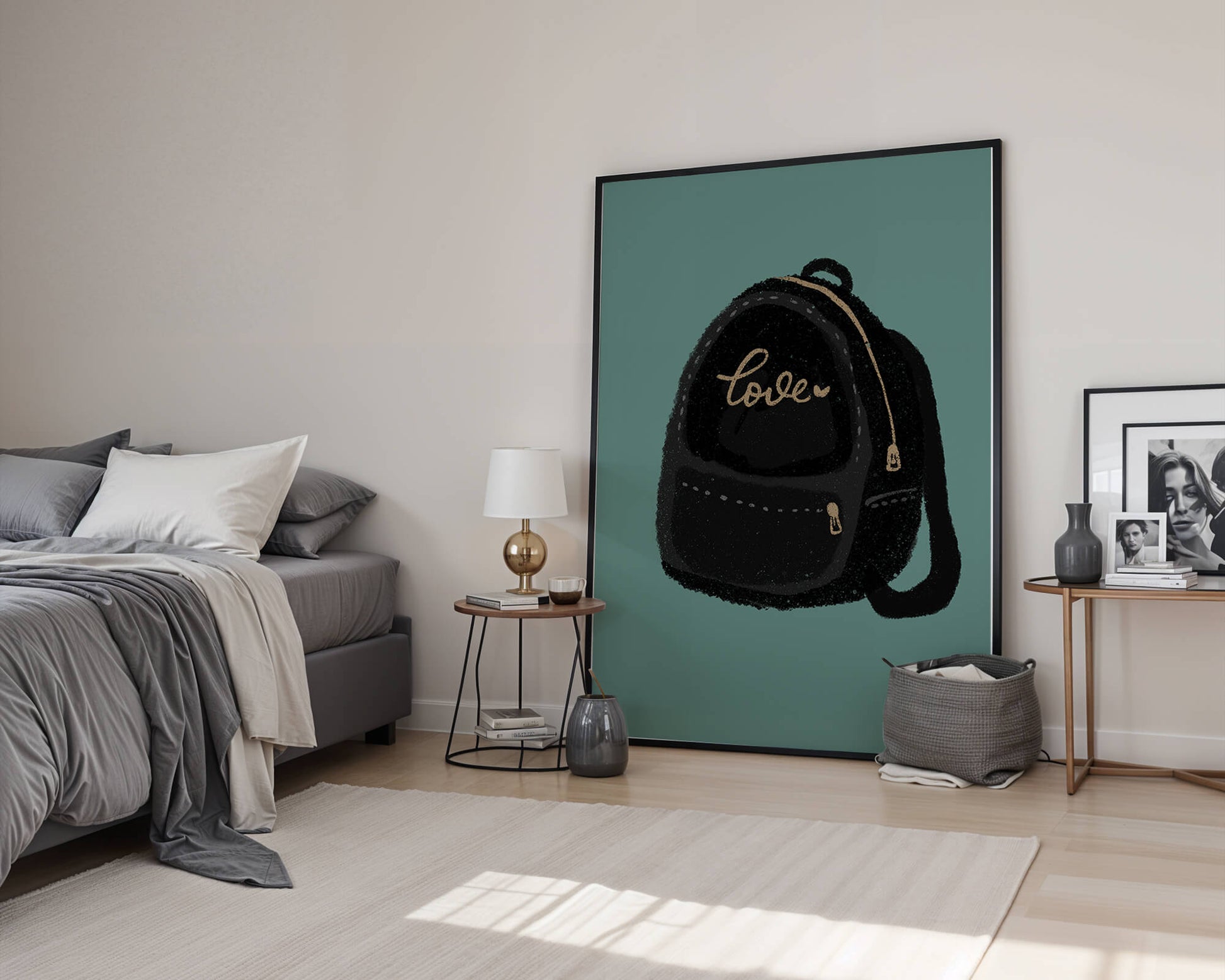 Elegant black backpack with gold accents and love inscription