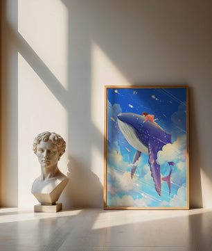 Illustration onirique d'une fille chevauchant une baleine à travers le ciel
