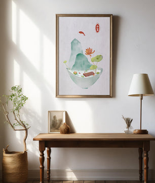 Paysage tranquille avec poissons, lotus et montagne dans un bol