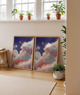 Dreamy Scene with Floating Jellyfish and Moonlit Sky