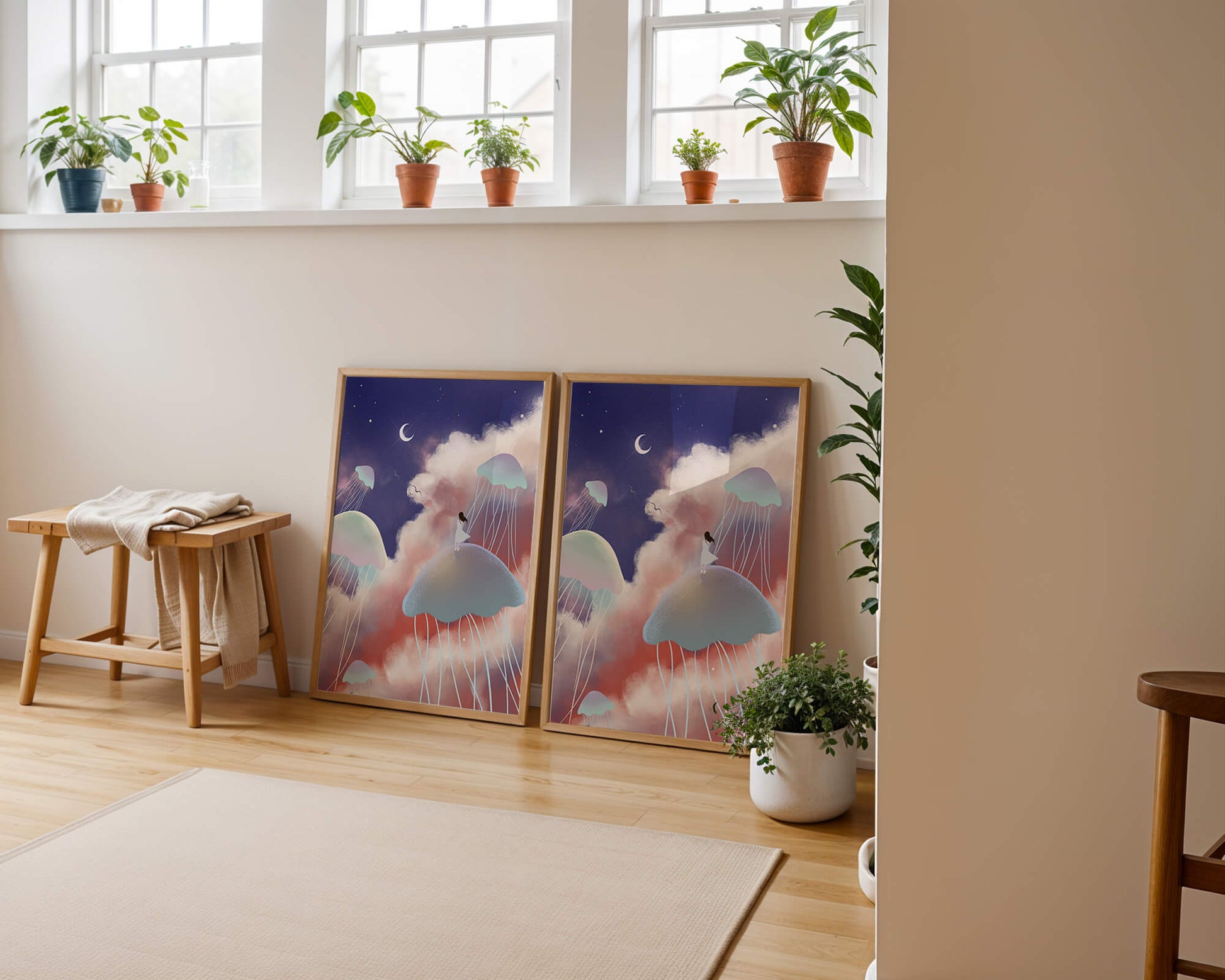 Dreamy Scene with Floating Jellyfish and Moonlit Sky