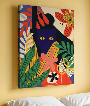 Ilustración abstracta colorida con un gato y patrones florales