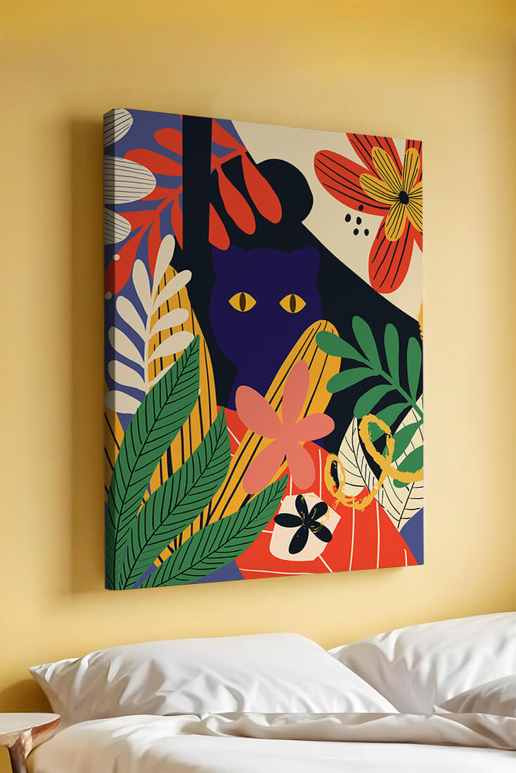 Colorful abstract illustration featuring a cat and floral patterns