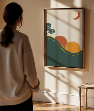 Minimalist Landscape With Mountains And Monstera Leaves At Sunset - Mi tienda