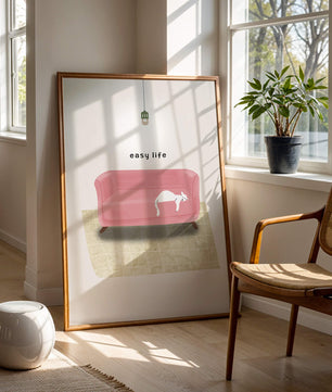 Minimalist Interior with Pink Sofa and Relaxed White Cat