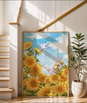 Friedliche Szene mit Sonnenblumen und Tauben unter einem strahlend blauen Himmel