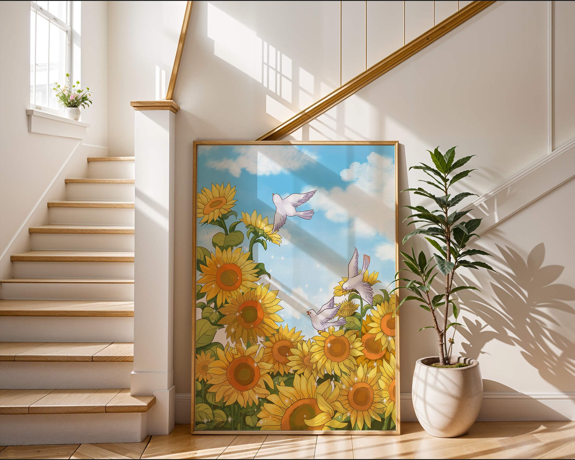 Friedliche Szene mit Sonnenblumen und Tauben unter einem strahlend blauen Himmel