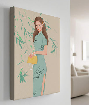 Elegant Woman in Traditional Dress Holding a Yellow Clutch with Bamboo Background