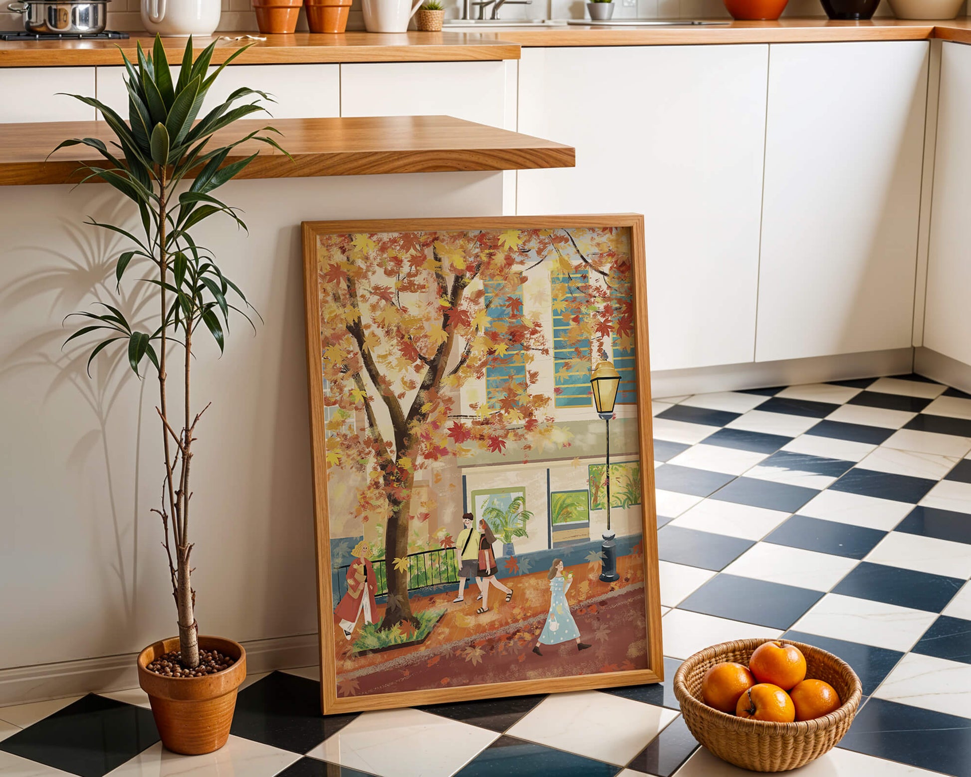 Calle de la ciudad en otoño con hojas coloridas y personas caminando