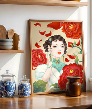 Mujer elegante rodeada de vibrantes flores y pétalos rojos