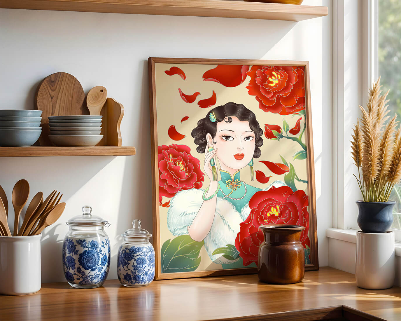 Elegant woman surrounded by vibrant red flowers and petals