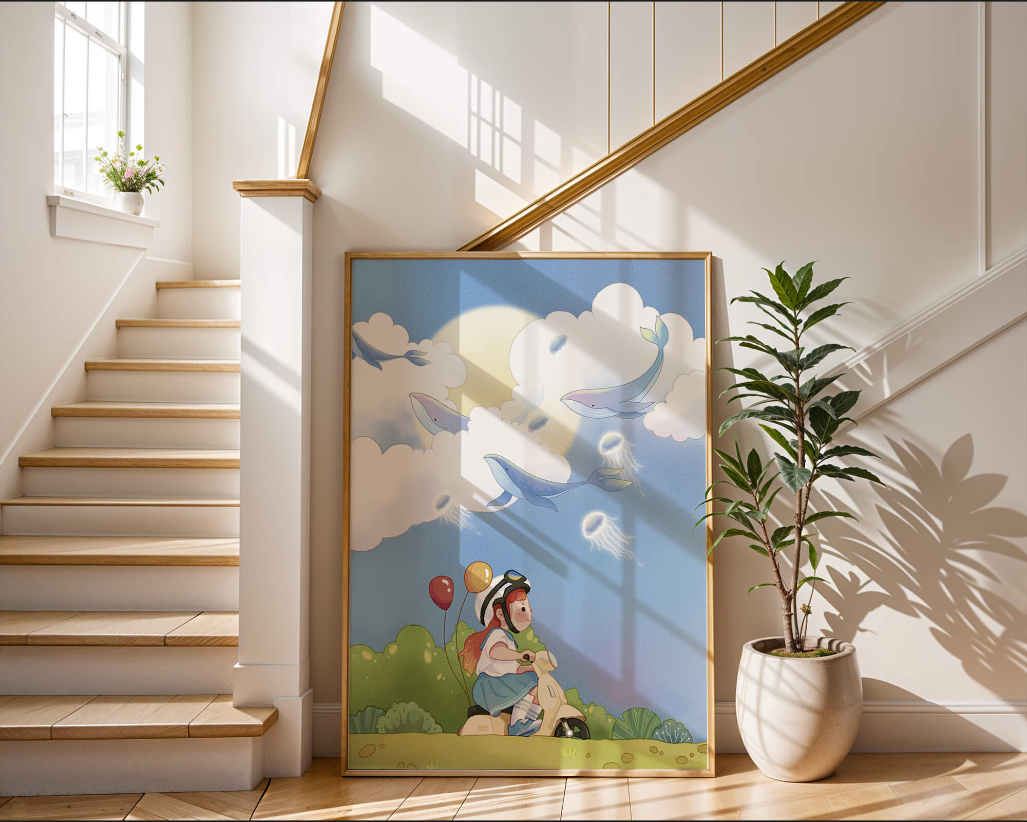 Whimsical illustration of a child riding a scooter with floating whales and balloons